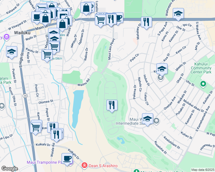 map of restaurants, bars, coffee shops, grocery stores, and more near 21 Meleinoa Place in Kahului