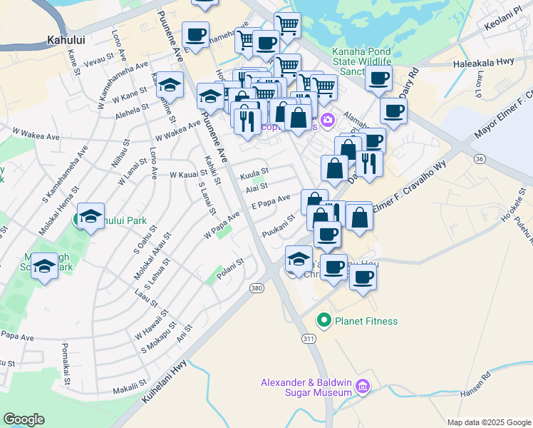 map of restaurants, bars, coffee shops, grocery stores, and more near 37 East Hawaii Street in Kahului