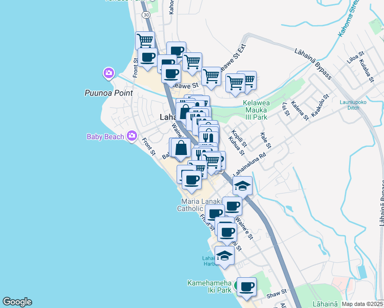 map of restaurants, bars, coffee shops, grocery stores, and more near Waine'e Street in Lahaina