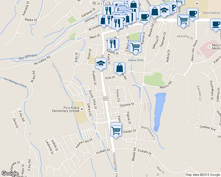 map of restaurants, bars, coffee shops, grocery stores, and more near 537 Akolea Place in Wailuku