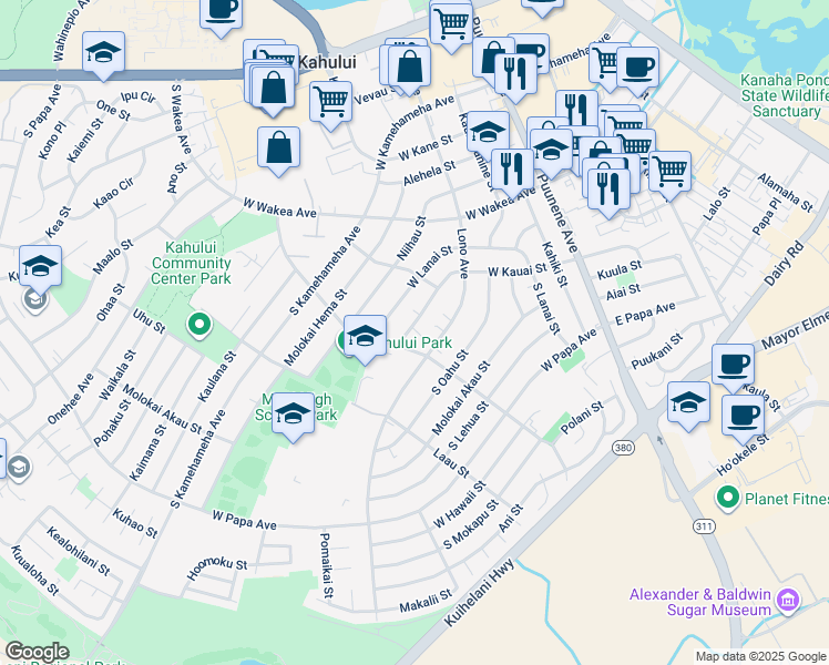 map of restaurants, bars, coffee shops, grocery stores, and more near 263 West Kauai Street in Kahului