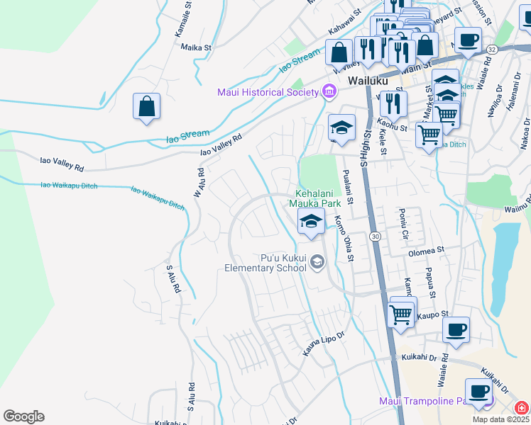 map of restaurants, bars, coffee shops, grocery stores, and more near 32 Ka ʻIkena Loop in Wailuku