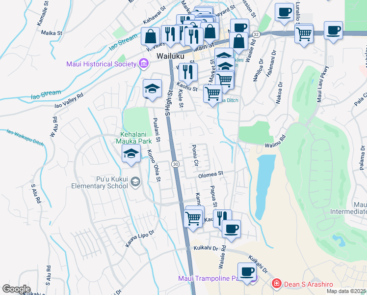 map of restaurants, bars, coffee shops, grocery stores, and more near 537 Akolea Place in Wailuku