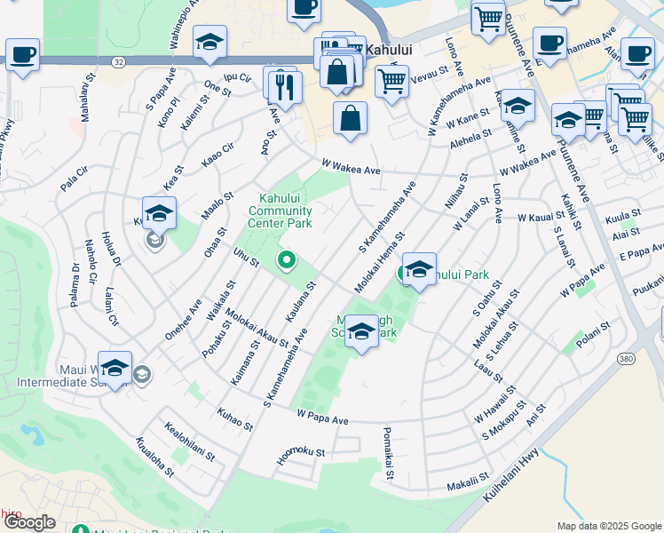 map of restaurants, bars, coffee shops, grocery stores, and more near 461 Kaulana Street in Kahului