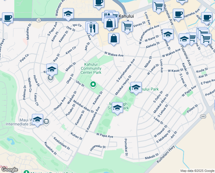 map of restaurants, bars, coffee shops, grocery stores, and more near 461 Kaulana Street in Kahului