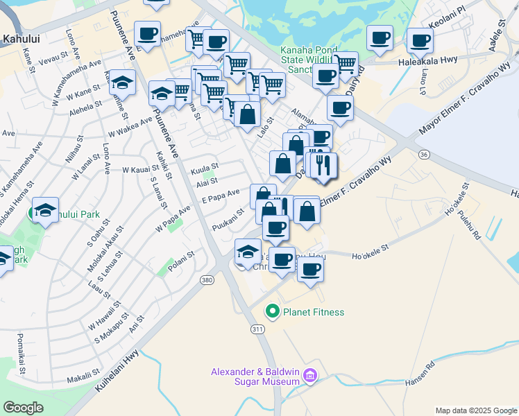 map of restaurants, bars, coffee shops, grocery stores, and more near 25 Leioni Place in Kahului