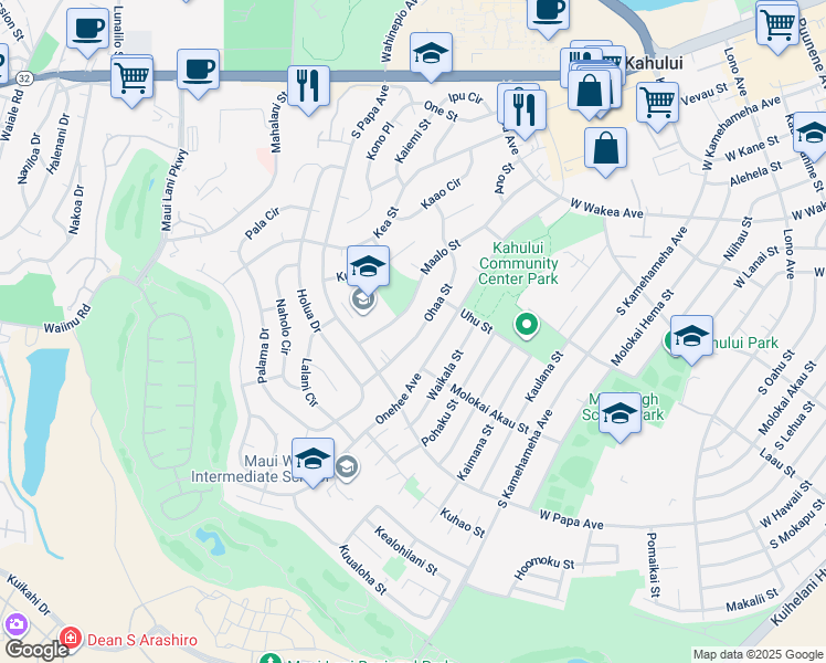 map of restaurants, bars, coffee shops, grocery stores, and more near 308 Ohaa Street in Kahului