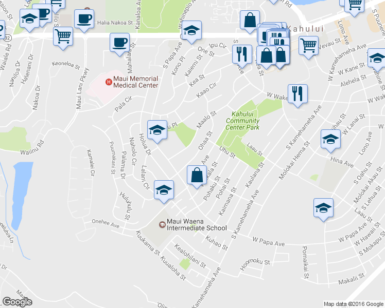map of restaurants, bars, coffee shops, grocery stores, and more near 308 Ohaa Street in Kahului