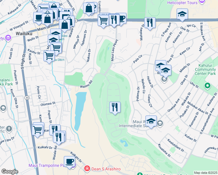 map of restaurants, bars, coffee shops, grocery stores, and more near 11 Meleinoa Place in Kahului