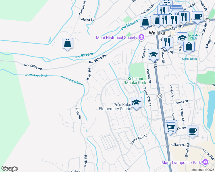 map of restaurants, bars, coffee shops, grocery stores, and more near 34 la iki street in Wailuku