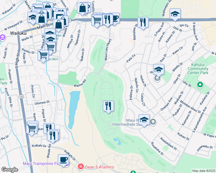 map of restaurants, bars, coffee shops, grocery stores, and more near 18 Puuaina Place in Kahului