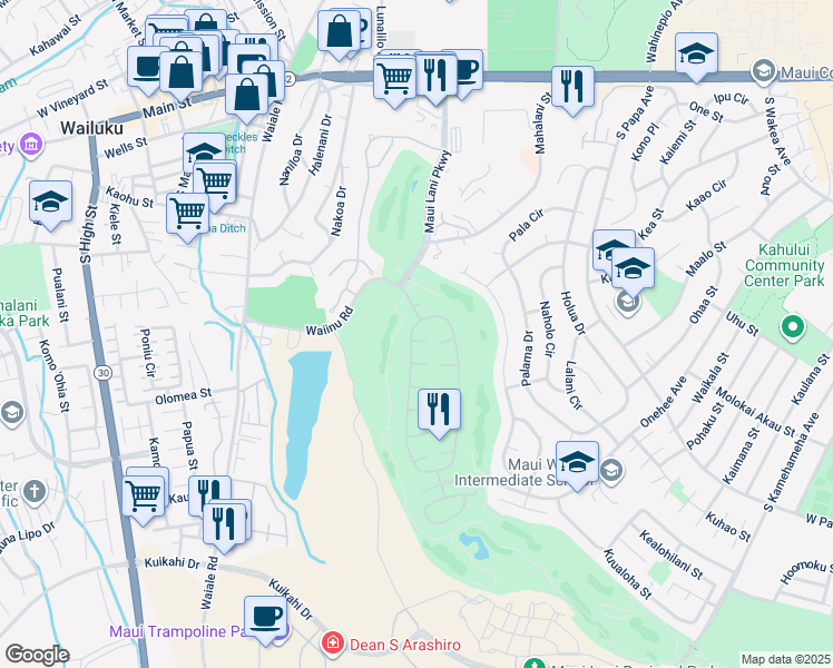 map of restaurants, bars, coffee shops, grocery stores, and more near 11 Meleinoa Place in Kahului