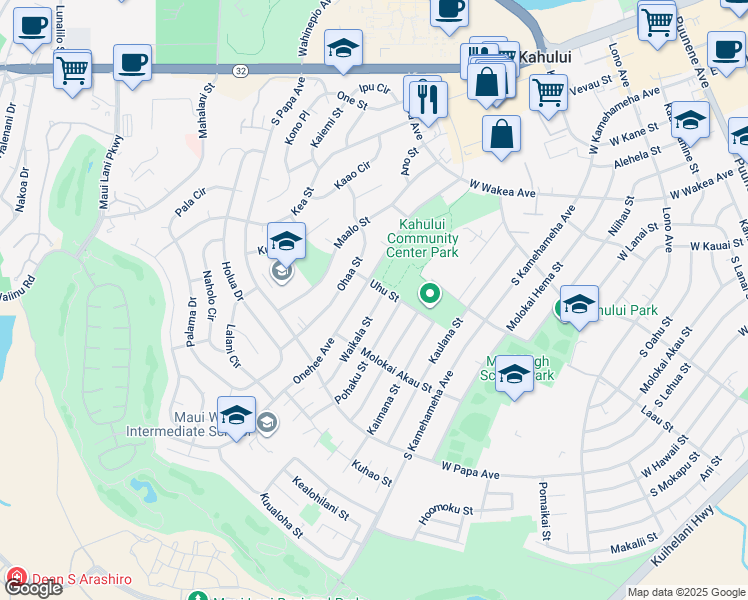 map of restaurants, bars, coffee shops, grocery stores, and more near 512 Waikala Street in Kahului