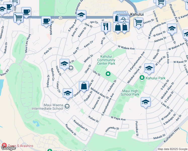 map of restaurants, bars, coffee shops, grocery stores, and more near 512 Waikala Street in Kahului