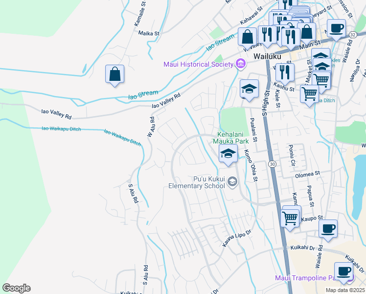 map of restaurants, bars, coffee shops, grocery stores, and more near 34 la iki street in Wailuku