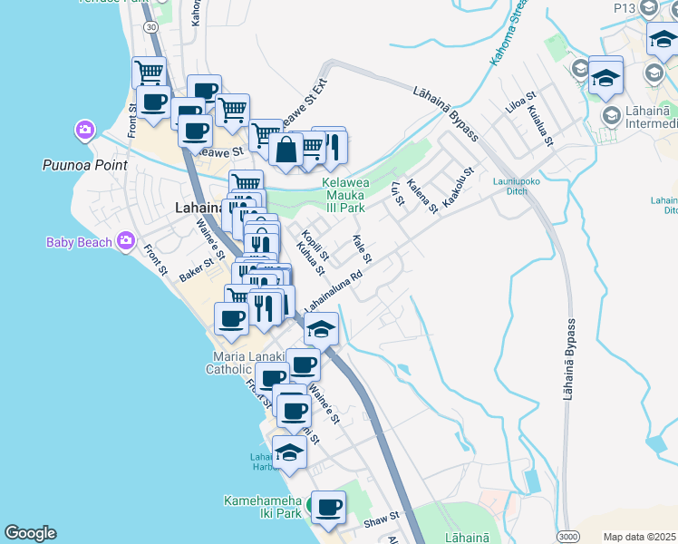 map of restaurants, bars, coffee shops, grocery stores, and more near 358 Hauola Place in Lahaina