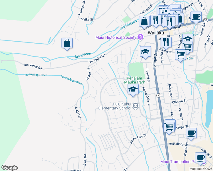 map of restaurants, bars, coffee shops, grocery stores, and more near 34 la iki street in Wailuku