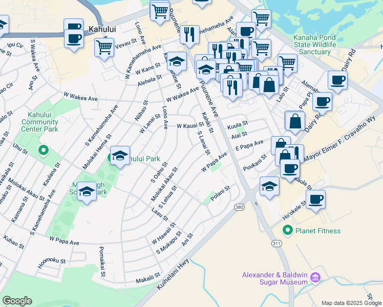 map of restaurants, bars, coffee shops, grocery stores, and more near 109 Molokai Akau Street in Kahului