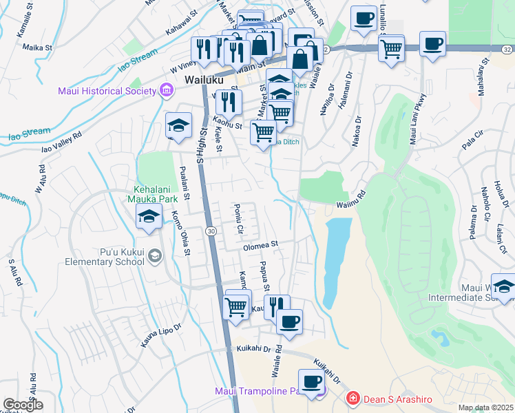 map of restaurants, bars, coffee shops, grocery stores, and more near 141 Poniu Circle in Wailuku