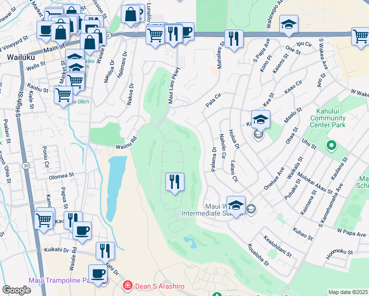 map of restaurants, bars, coffee shops, grocery stores, and more near 55 Kamalei Circle in Kahului
