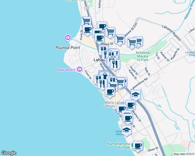map of restaurants, bars, coffee shops, grocery stores, and more near 1022 Front Street in Lahaina