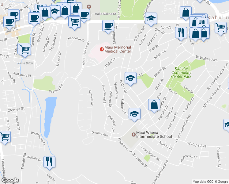 map of restaurants, bars, coffee shops, grocery stores, and more near 354 Naholo Circle in Kahului