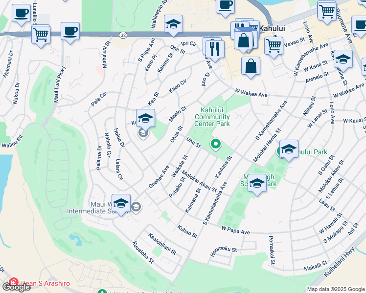 map of restaurants, bars, coffee shops, grocery stores, and more near 563 Onehee Avenue in Kahului