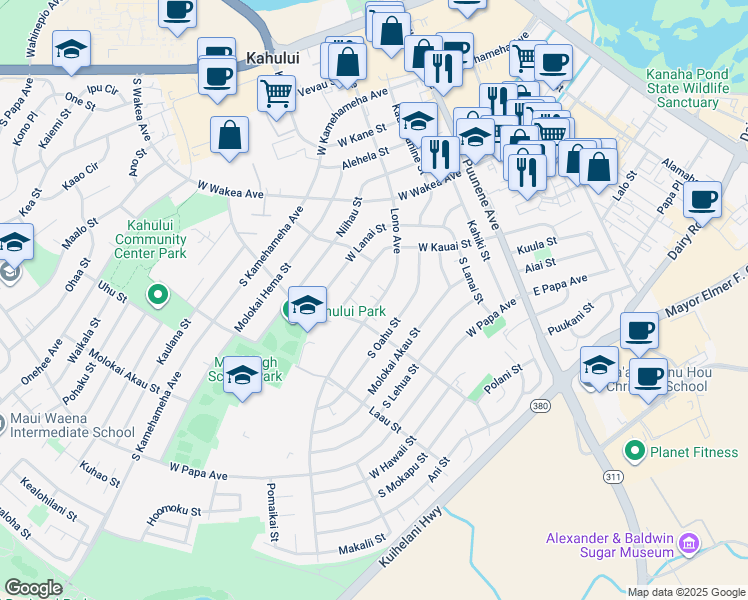map of restaurants, bars, coffee shops, grocery stores, and more near 430 Lono Avenue in Kahului