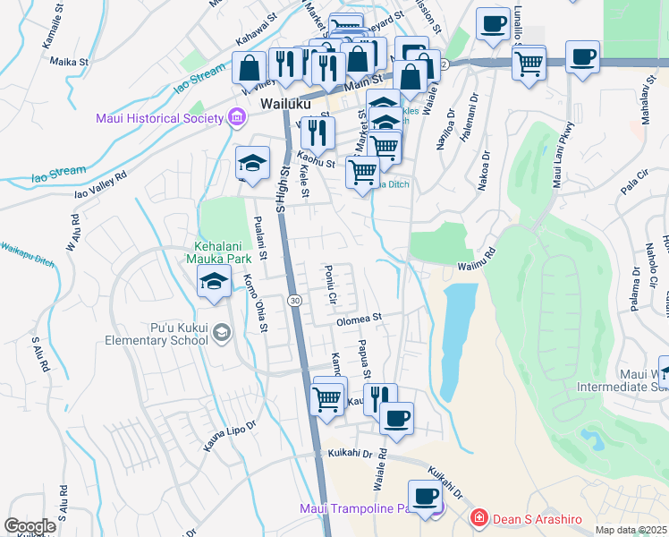 map of restaurants, bars, coffee shops, grocery stores, and more near 106 Poniu Circle in Wailuku