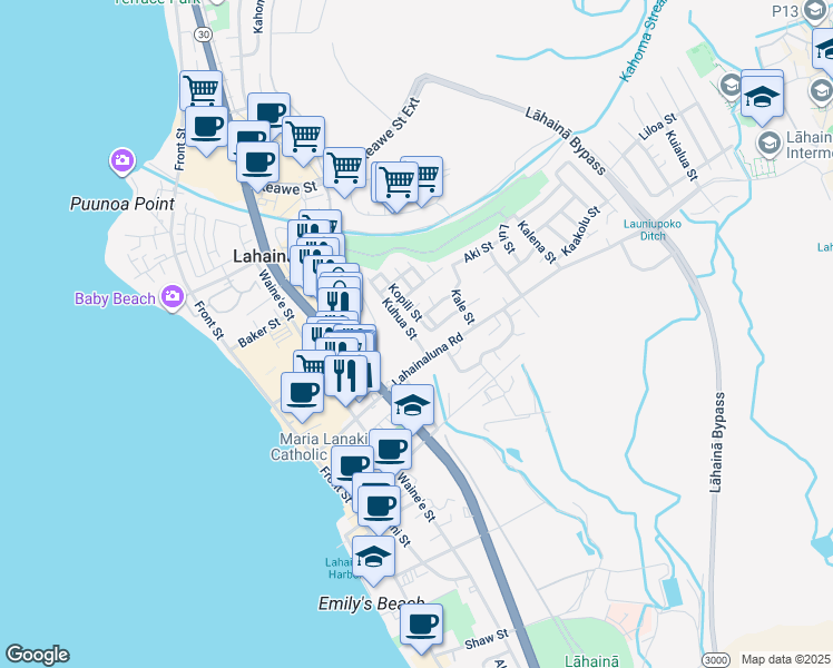 map of restaurants, bars, coffee shops, grocery stores, and more near 832 Kuhua Street in Lahaina