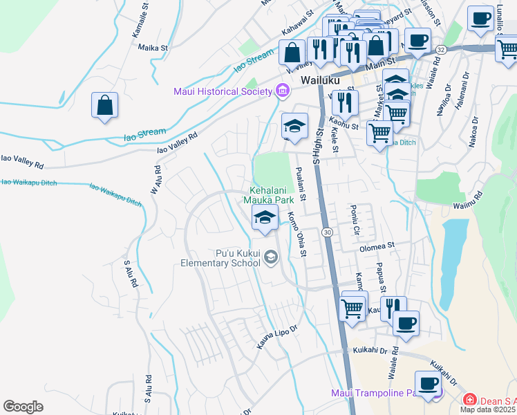 map of restaurants, bars, coffee shops, grocery stores, and more near 214 Hooulu Lane in Wailuku