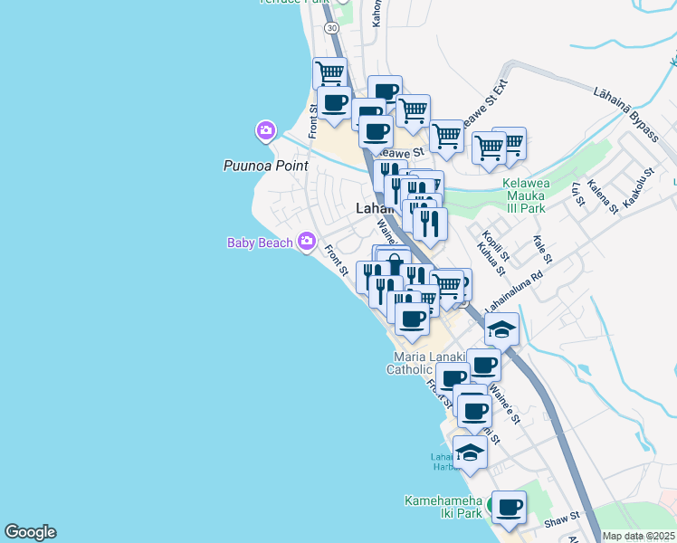 map of restaurants, bars, coffee shops, grocery stores, and more near 1057 Front Street in Lahaina