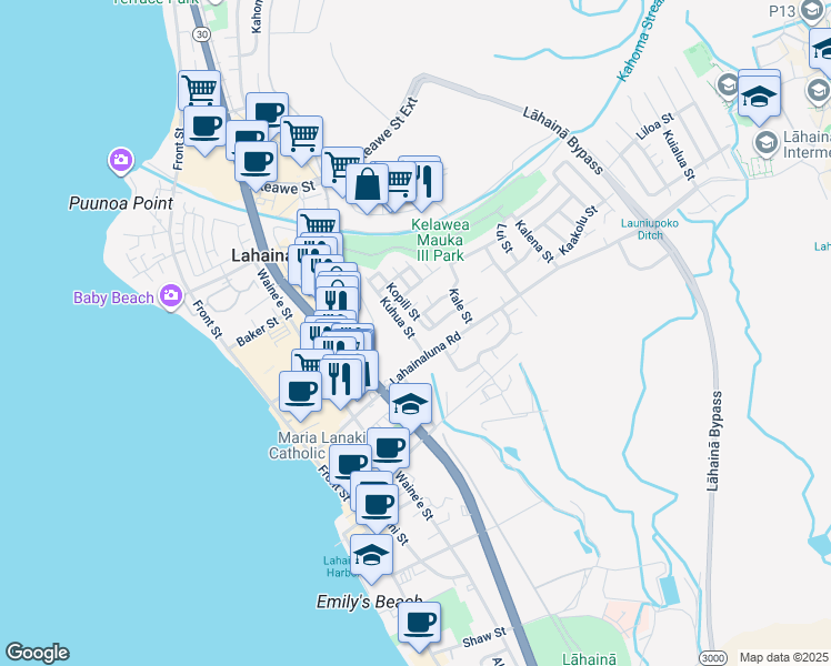 map of restaurants, bars, coffee shops, grocery stores, and more near 832 Kuhua Street in Lahaina