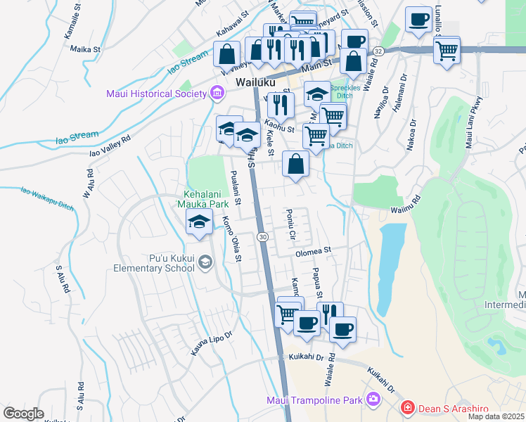 map of restaurants, bars, coffee shops, grocery stores, and more near 526 Akolea Place in Wailuku