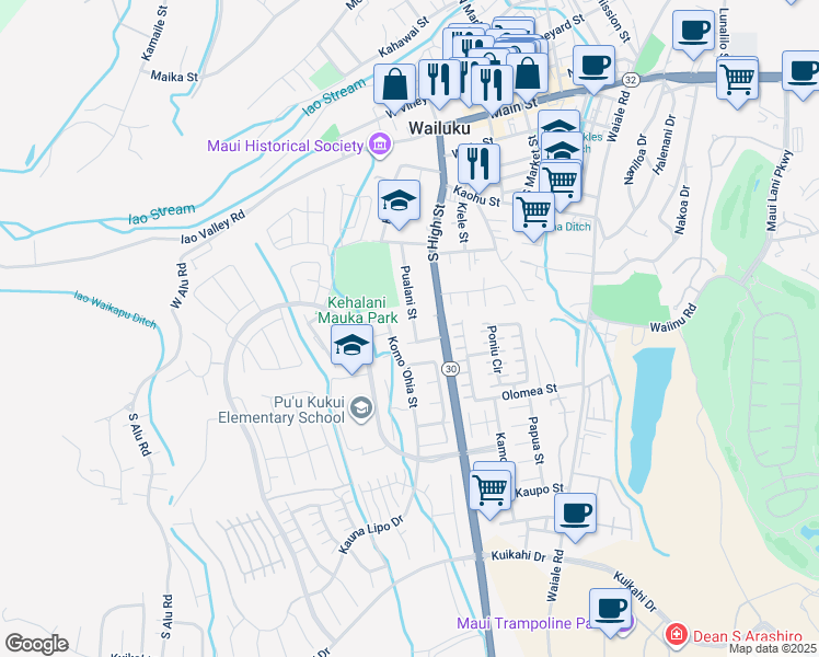 map of restaurants, bars, coffee shops, grocery stores, and more near 515 Pualani Street in Wailuku