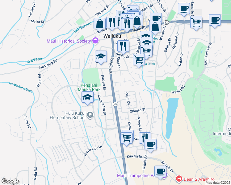 map of restaurants, bars, coffee shops, grocery stores, and more near 526 Akolea Place in Wailuku