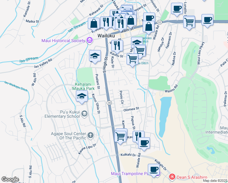 map of restaurants, bars, coffee shops, grocery stores, and more near 533 Akolea Place in Wailuku