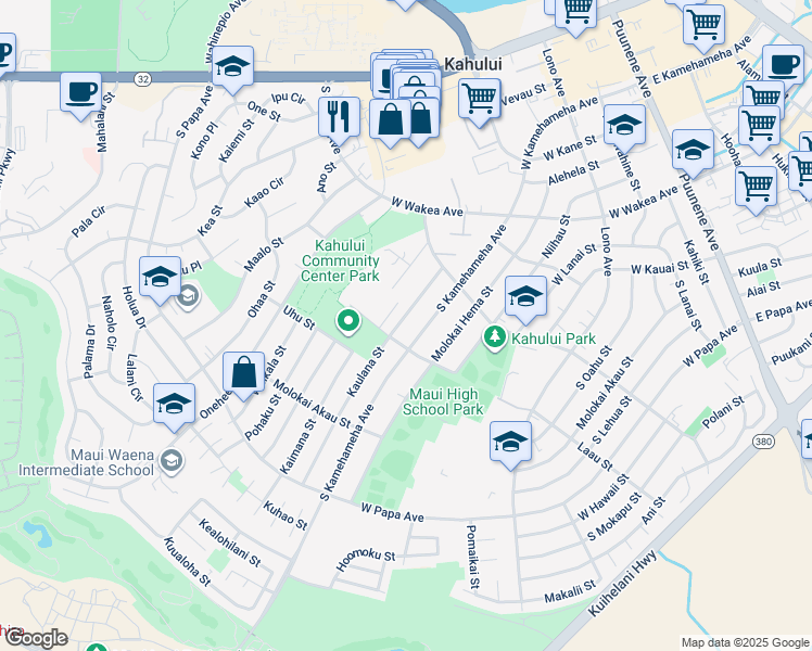 map of restaurants, bars, coffee shops, grocery stores, and more near 459 Kaulana Street in Kahului