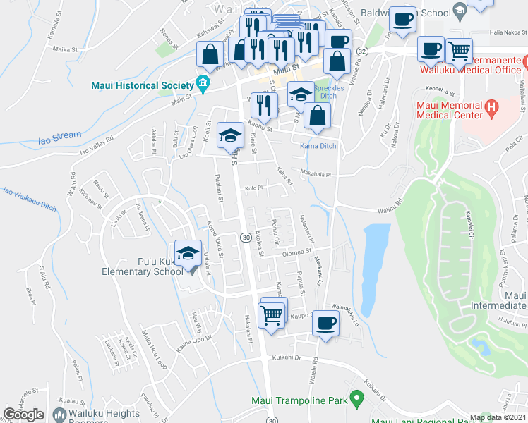 map of restaurants, bars, coffee shops, grocery stores, and more near 89 Poniu Circle in Wailuku