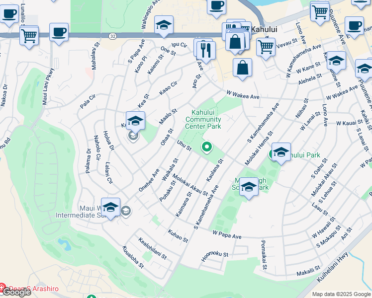 map of restaurants, bars, coffee shops, grocery stores, and more near 503 Waikala Street in Kahului