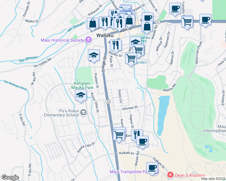 map of restaurants, bars, coffee shops, grocery stores, and more near 533 Akolea Place in Wailuku