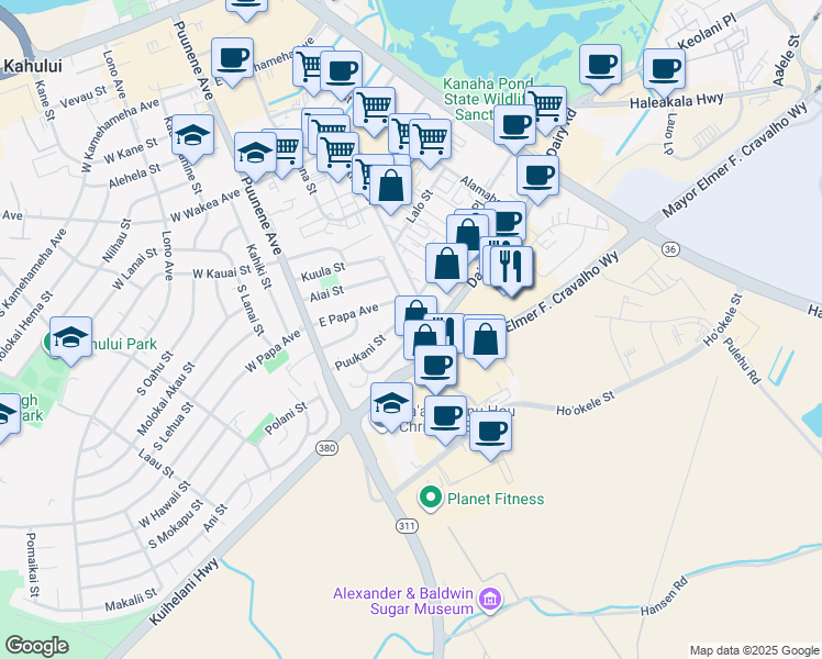 map of restaurants, bars, coffee shops, grocery stores, and more near 25 Leioni Place in Kahului
