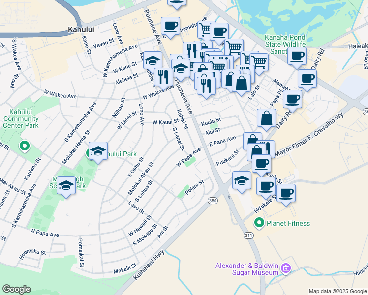 map of restaurants, bars, coffee shops, grocery stores, and more near 433 South Lanai Street in Kahului