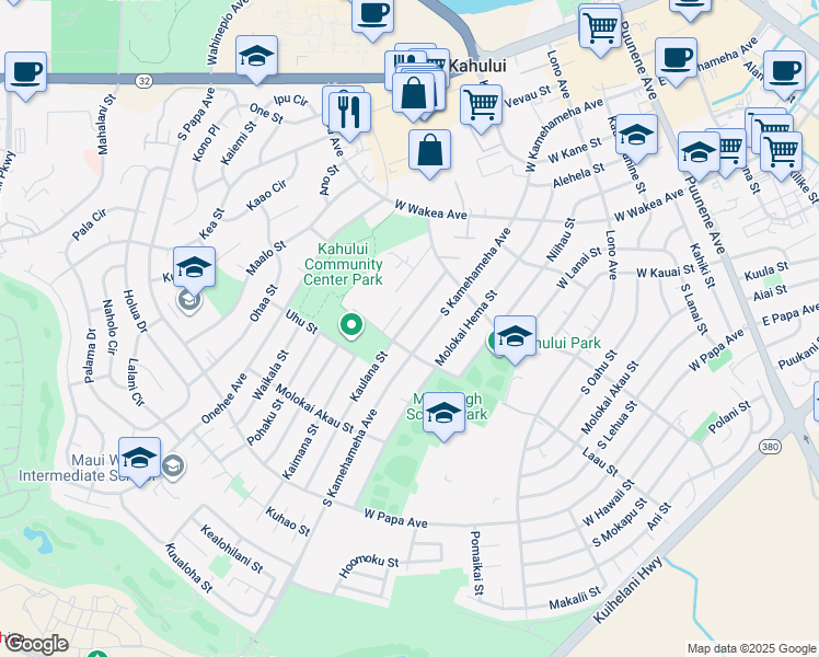 map of restaurants, bars, coffee shops, grocery stores, and more near 459 Kaulana Street in Kahului
