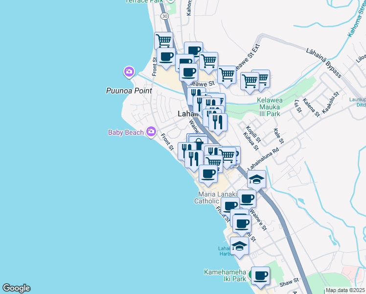 map of restaurants, bars, coffee shops, grocery stores, and more near 1022 Front Street in Lahaina