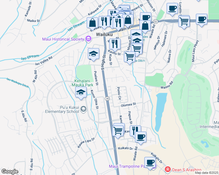 map of restaurants, bars, coffee shops, grocery stores, and more near 530 Akolea Place in Wailuku
