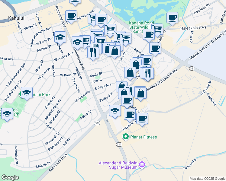 map of restaurants, bars, coffee shops, grocery stores, and more near 52 Leipapa Place in Kahului