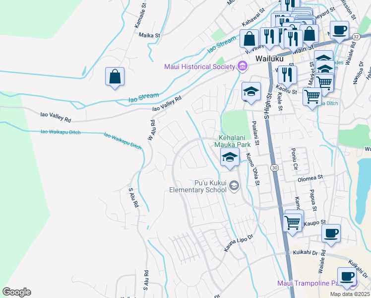 map of restaurants, bars, coffee shops, grocery stores, and more near 30 la iki street in Wailuku