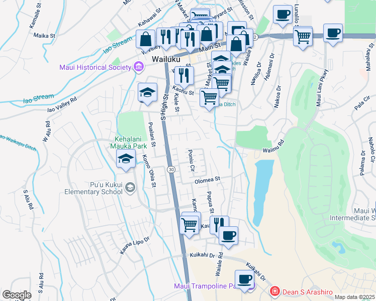 map of restaurants, bars, coffee shops, grocery stores, and more near 93 Poniu Circle in Wailuku