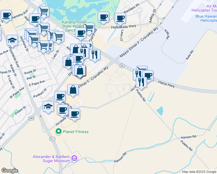 map of restaurants, bars, coffee shops, grocery stores, and more near 0 Pulehu Place in Kahului
